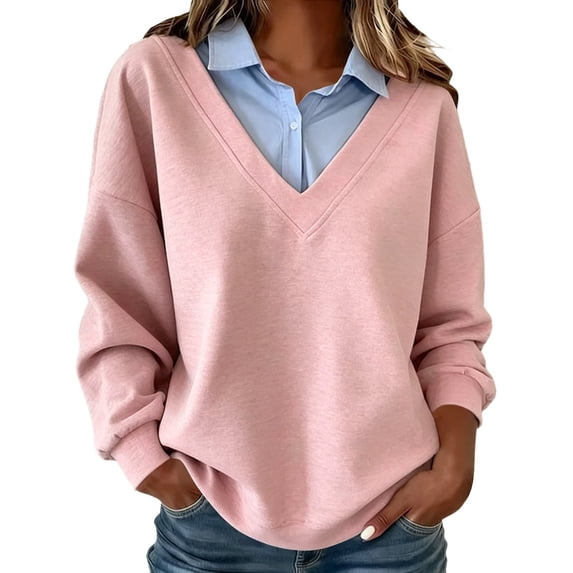 Ohufall Oversized Two-In-One Sweater for Women, Deep V Neck Built-In Collar Casual Layering Top