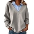 thumbnail image 1 of Ohufall Oversized Two-In-One Sweater for Women, Deep V Neck Built-In Collar Casual Layering Top, 1 of 6