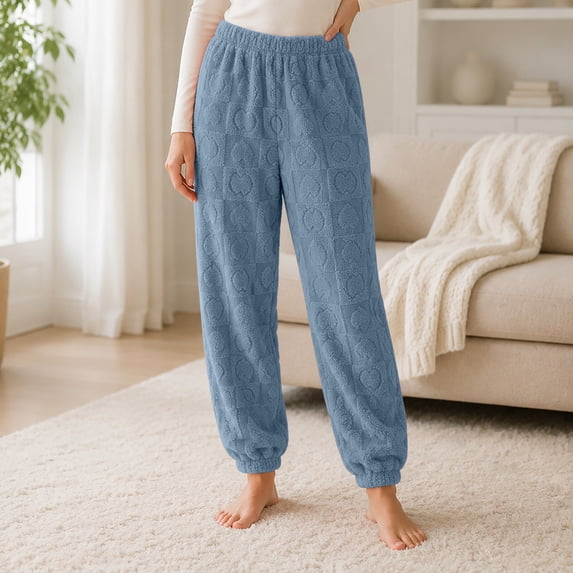 Ohufall Pajama Pants for Women Embossed Fleece Elastic High Waist Loungewear Cuffed Soft Warm Sleep Bottoms