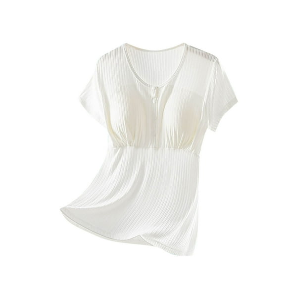 Ohufall Pajama Tops for Women with Built in Bra Plus Size Solid Casual Short Sleeve Crew Neck Sleep T Shirts Womens Soft Comfy Button Up Loungewear Tees