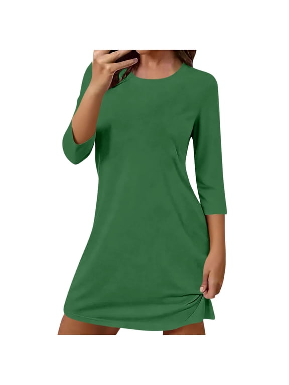 Pajamas Nightdress for Women Plus Size Pullover Nightgown Fashion Solid Color 3/4 Sleeve Sleepwear Dress