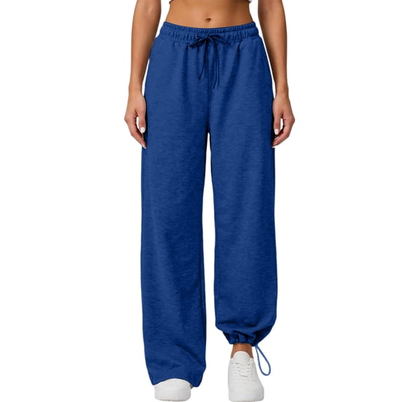 Ohufall Pants for Women Solid Color Drawstring Elastic Waist Pant Pocket Loose Fashion Casual Pants