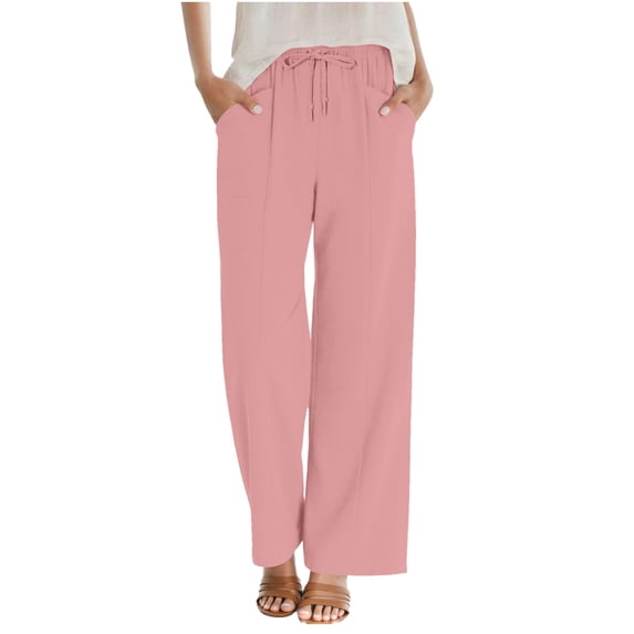 Ohufall Pants for Women Wide Leg Linen Pant Summer Casual Palazzo Solid Color Pants with Pocket Drawstring Loose Lightweight Pants