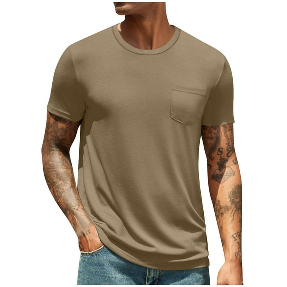 Ohufall Plus Size Men T Shirts Pullover Short Sleeve Shirts for Men Crew Neck Solid Color Men Tops with Pocket
