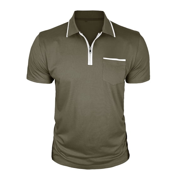 Ohufall Plus Size T-shirts for Men Patchwork Quarter Zipper Pocket Tee Shirts Short Sleeve Turn-down Collar Tops