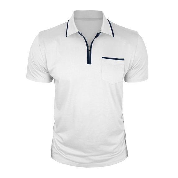 Ohufall Plus Size T-shirts for Men Patchwork Quarter Zipper Pocket Tee Shirts Short Sleeve Turn-down Collar Tops