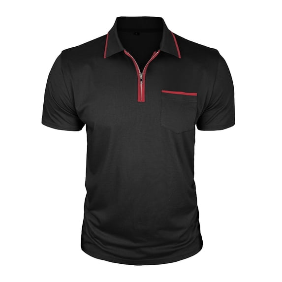 Ohufall Plus Size T-shirts for Men Patchwork Quarter Zipper Pocket Tee Shirts Short Sleeve Turn-down Collar Tops
