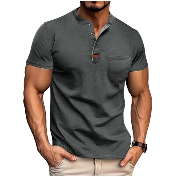 Ohufall Plus Size Tee Shirts for Men Lightweight Summer Short Sleeve T-shirts Button Henley Neck Casual Tops with Pocket