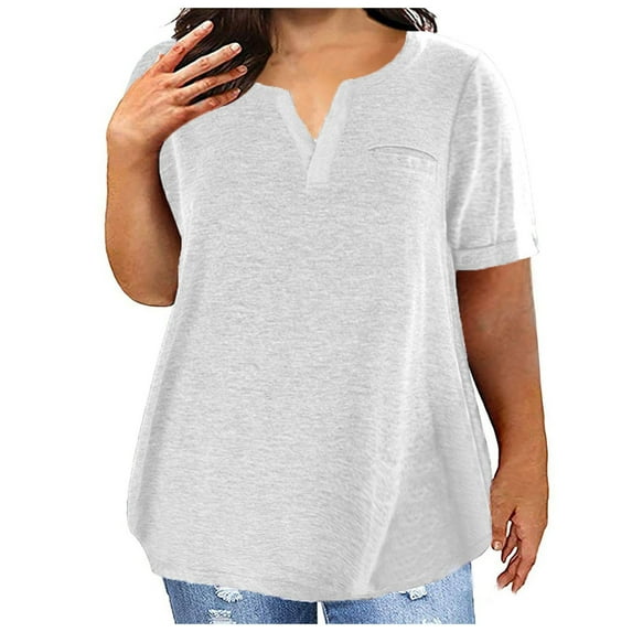 Ohufall Plus Size Top for Women Short Sleeve V Neck Shirts Solid Color T Shirts Plain Basic Tees, XXL