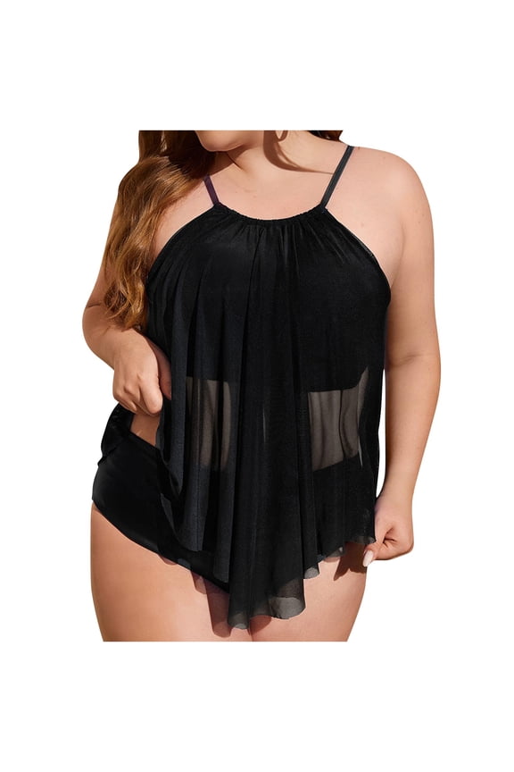 Plus Size Women's Lace Tankini Set Tummy Control Solid Color Swimsuit High Waist Beach Two Piece Bathing Suit Set