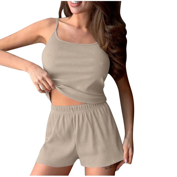 Ohufall Ribbed Pj Sets for Women Solid Cami Tops with Elastic Waist Shorts Summer Loose Breathable Camisole Home Lounge Sets Womens 2 Piece Ribbed Pajama Sets
