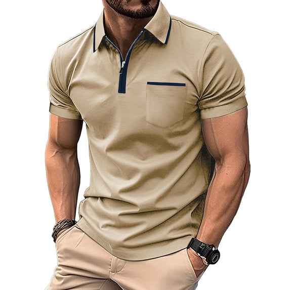 Ohufall Short Sleeve Shirts for Men Turndown Collar Big and Tall T Shirts for Men Zipper Solid Patchwork Regular Casual Pullover Shirts
