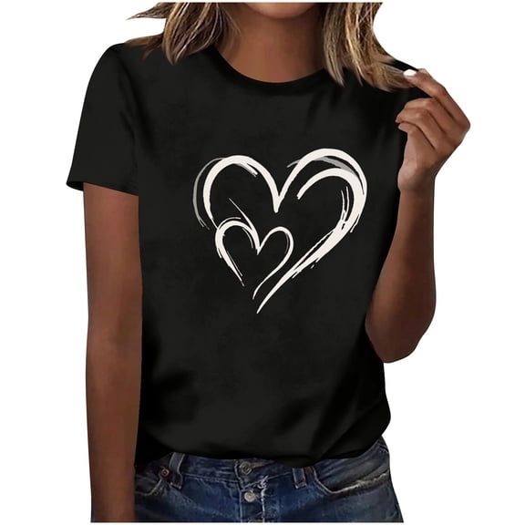 Ohufall Short Sleeve Womens Tops Graphic Tees Women Valentine's Day Printed Round Neck T-shirt Women's Pullovers