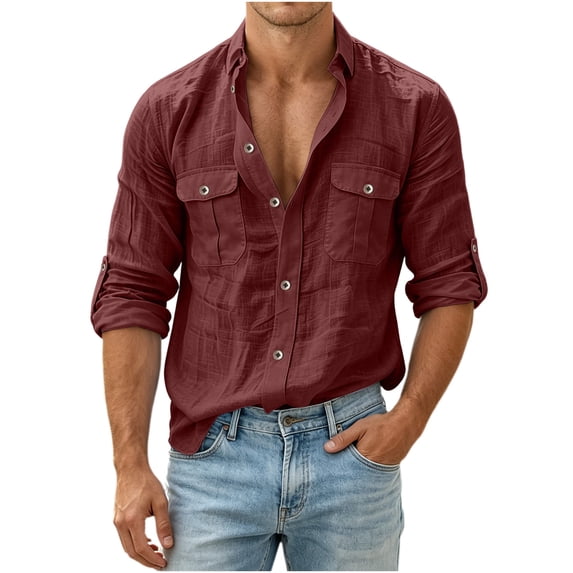Ohufall Slub Linen Shirts for Men Button Turndown Collar Shirt Pocket Long Sleeve Fashion Casual Tops