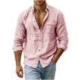 thumbnail image 1 of Ohufall Slub Linen Shirts for Men Button Turndown Collar Shirt Pocket Long Sleeve Fashion Casual Tops, 1 of 7