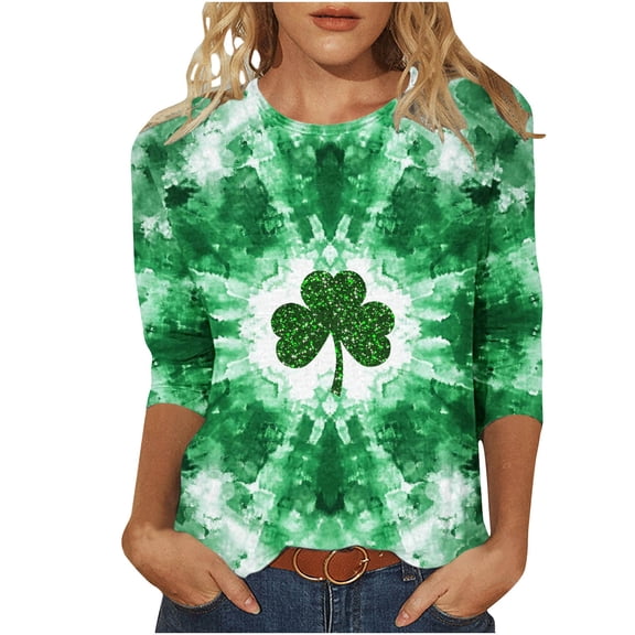 Ohufall St Patricks Day Shirt for Women 3/4 Sleeve Plus Size Crew Neck Shamrocks Print Tunic Loose T-Shirts Casual Comfort Fashion Pullover Graphic Tees, Green S-5XL