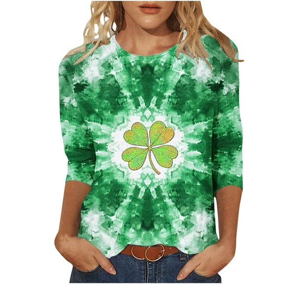 Ohufall St Patricks Day Shirt for Women 3/4 Sleeve Plus Size Crew Neck Shamrocks Print Tunic Loose T-Shirts Casual Comfort Fashion Pullover Graphic Tees, Green S-5XL