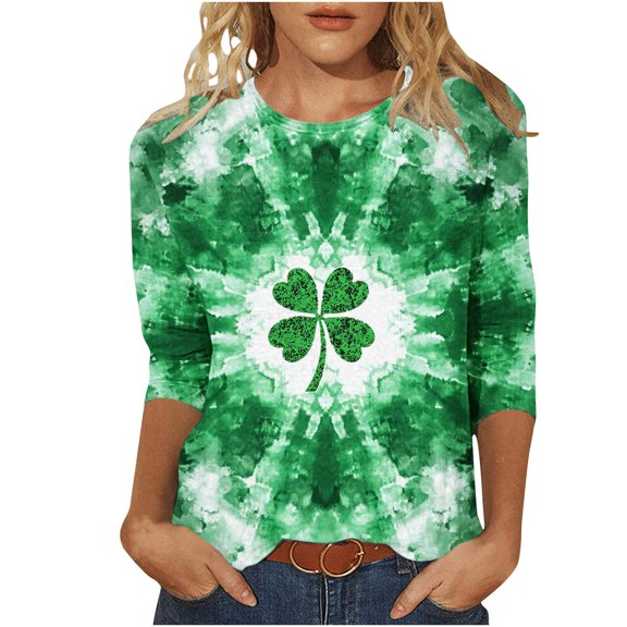 Ohufall St Patricks Day Shirt for Women 3/4 Sleeve Plus Size Crew Neck Shamrocks Print Tunic Loose T-Shirts Casual Comfort Fashion Pullover Graphic Tees, Green S-5XL