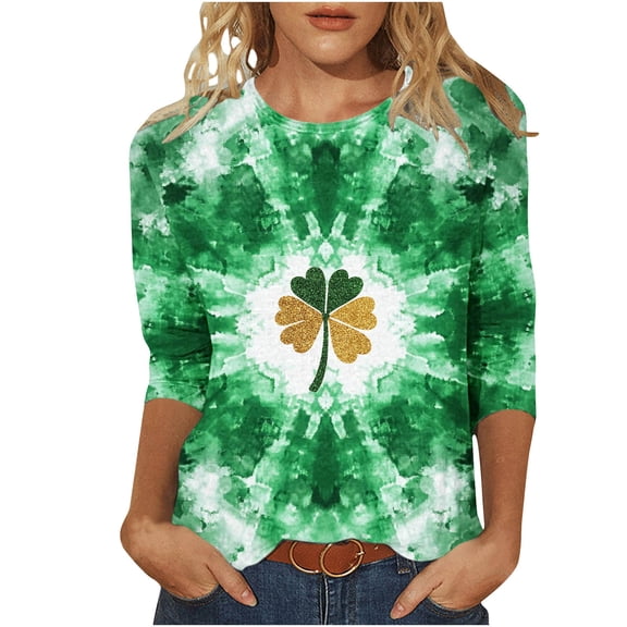 Ohufall St Patricks Day Shirt for Women 3/4 Sleeve Plus Size Crew Neck Shamrocks Print Tunic Loose T-Shirts Casual Comfort Fashion Pullover Graphic Tees, Green S-5XL