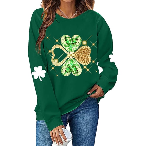 Ohufall St Patricks Day Shirt Women Crewneck Sweatshirt Shamrock Long Sleeve Shirt Irish Lucky Four Clover Sweater Spring Pullover Tops