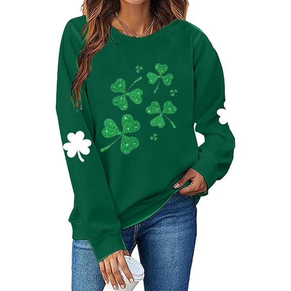 Ohufall St Patricks Day Shirt Women Crewneck Sweatshirt Shamrock Long Sleeve Shirt Irish Lucky Four Clover Sweater Spring Pullover Tops
