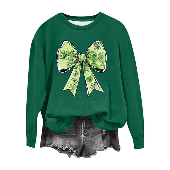 Ohufall St Patricks Day Sweatshirt Women Long Sleeve Crewneck Bow Shamrock St. Patricks Shirts Tee Tops Cute Holiday Pullovers