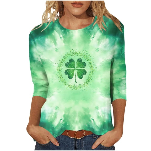 Ohufall St Patricks Day Tops for Women 3/4 Sleeve Crewneck Shamrock Shirts Casual Trendy Festival Holiday Tunic Tee Tops