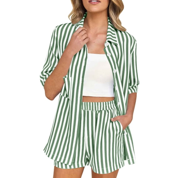 Ohufall Summer Beach Short Sets for Women Striped Short Sleeve Lapel Button Shirts with Shorts 2 Piece Sets