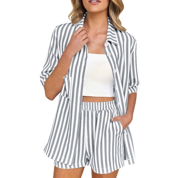 Ohufall Summer Beach Short Sets for Women Striped Short Sleeve Lapel Button Shirts with Shorts 2 Piece Sets