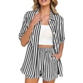 thumbnail image 1 of Ohufall Summer Beach Short Sets for Women Striped Short Sleeve Lapel Button Shirts with Shorts 2 Piece Sets, 1 of 6