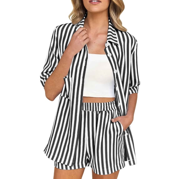 Ohufall Summer Beach Short Sets for Women Striped Short Sleeve Lapel Button Shirts with Shorts 2 Piece Sets