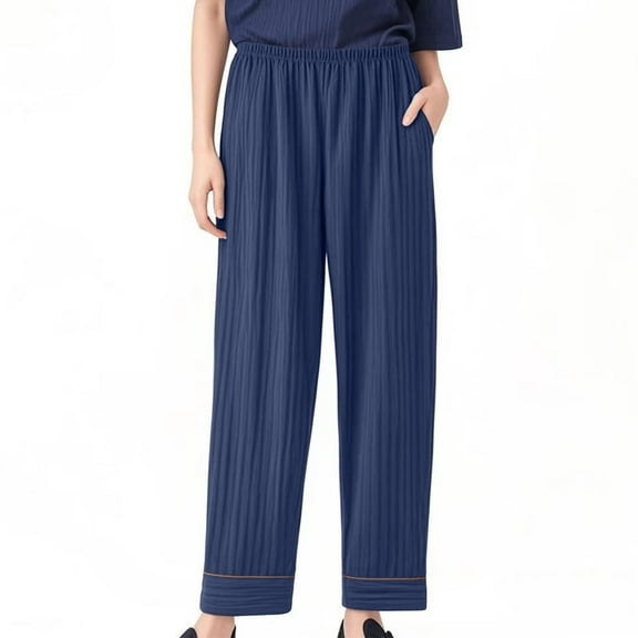 Ohufall Summer New Knit Cotton Pajama Pants for Women 2025 Fashion Casual Elastic High Waist Pj Pants Plus Size Solid Color Loose Comfy Home Lounge Sleepwear with Pockets