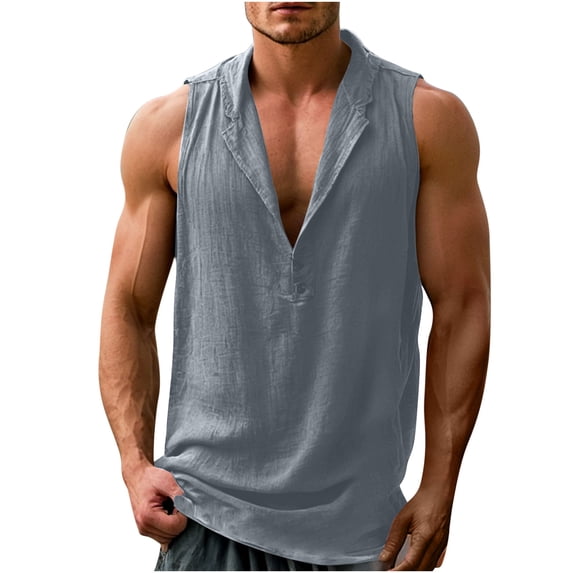 Ohufall Summer Tank Tops for Men Casual Trendy Deep V-Neck Tanks Linen Solid Comfortable Sleeveless Shirts