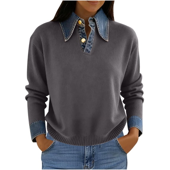 Ohufall Sweater for Women with Denim Collar, Button Long Sleeve Knit Top, Solid Patchwork Pullover Casual Fall Tops