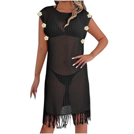 Ohufall Swimsuit Cover up for Women Crochet Hollow Out Knit Sundresses Summer Beach Tank Dresses Sleeveless Bathing Suit Cover Ups for Swimwear/Bikini