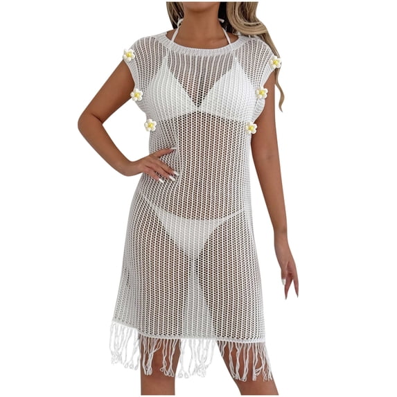 Ohufall Swimsuit Cover up for Women Crochet Hollow Out Knit Sundresses Summer Beach Tank Dresses Sleeveless Bathing Suit Cover Ups for Swimwear/Bikini