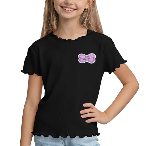 Ohufall T-shirts for Toddler Girls Ruffled Bow Print Tshirt Short Sleeve Breathable Comfort Top 1-10 Years