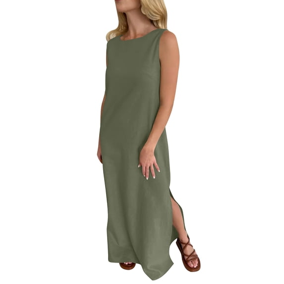 Ohufall Tank Dress for Women Solid Lightweight Sleeveless Maxi Dresses Side Slit Casual Summer Long Dresses