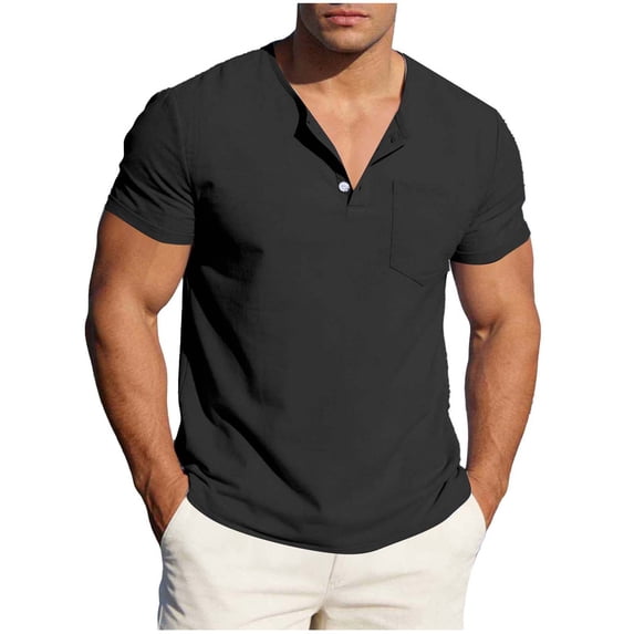 Ohufall Tee Shirts for Men Casual Cotton Linen Button Henley Tees Plus Size Lightweight Short Sleeve T-shirts