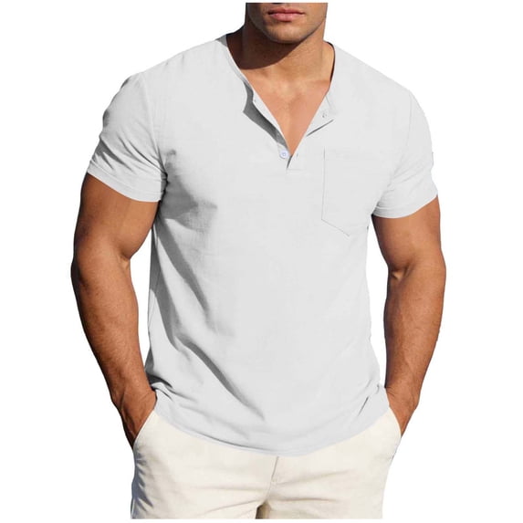 Ohufall Tee Shirts for Men Casual Cotton Linen Button Henley Tees Plus Size Lightweight Short Sleeve T-shirts