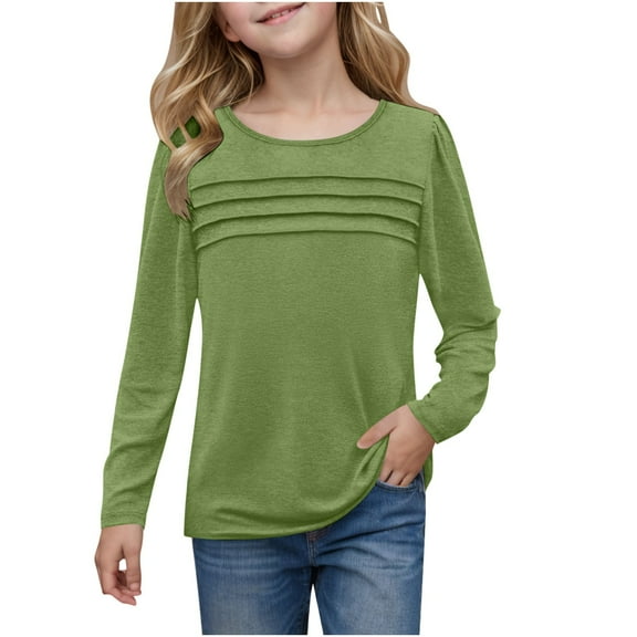 Ohufall Teen Girls Long Sleeve T-Shirts, Cute Solid Color Causal Front Pleated Pullover Tops Soft Comfy Crew Neck Blouses for Kids Girls, 5-14 Years