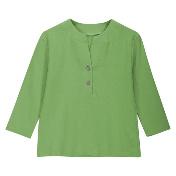 Ohufall Toddler Girls Cotton Linen Shirts 3-12 Years, Summer Solid Color Casual Long Sleeve Pullover Tops Loose Comfy Button V-Neck Blouses for Kids Girls