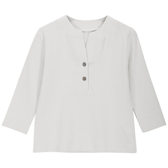 Ohufall Toddler Girls Cotton Linen Shirts 3-12 Years, Summer Solid Color Casual Long Sleeve Pullover Tops Loose Comfy Button V-Neck Blouses for Kids Girls