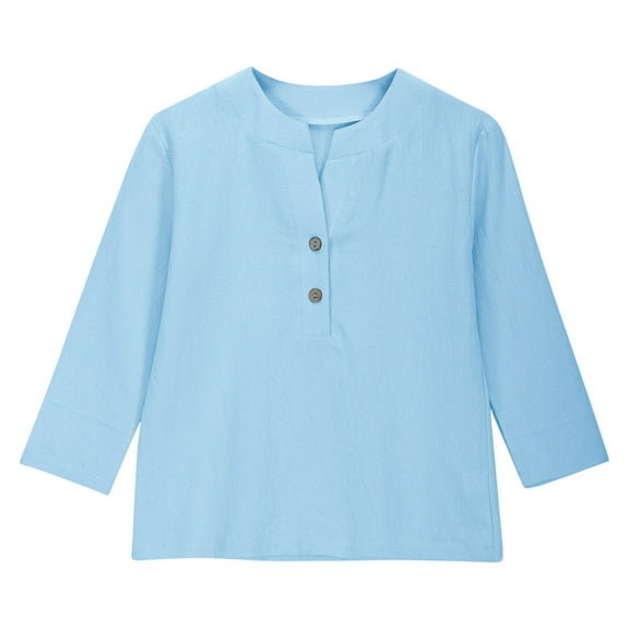 Ohufall Toddler Girls Cotton Linen Shirts 3-12 Years, Summer Solid Color Casual Long Sleeve Pullover Tops Loose Comfy Button V-Neck Blouses for Kids Girls