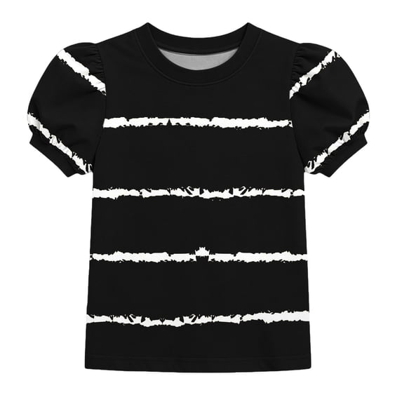 Ohufall Toddler Girls T-shirt Puff Sleeve Striped Casual Tshirt Summer Crew Neck Short Sleeve Tees 4-15T
