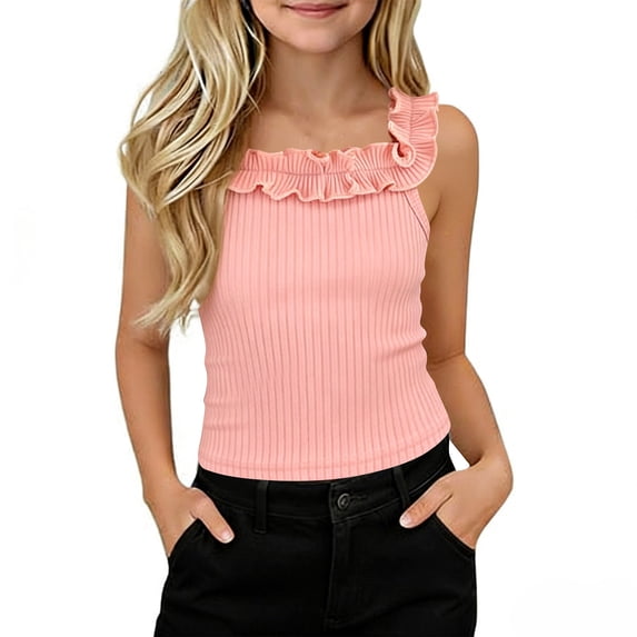 Ohufall Toddler Girls Tank Tops Ruffled Crew Neck 0-5T Summer Tank Top Breathable Solid Color Summer Casual Tank