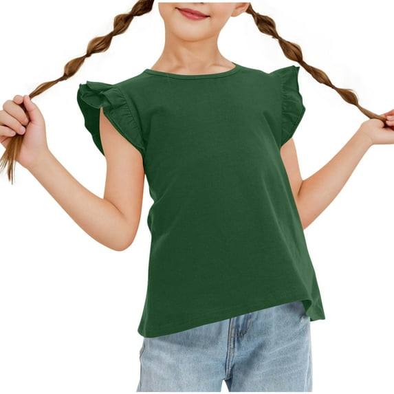 Ohufall Toddler Kids Girls Tank Tops with Flutter Sleeves Summer Solid Color Round Neck Tanks Cute Casual Sleeveless Shirts for Little Girls, 3-13 Years