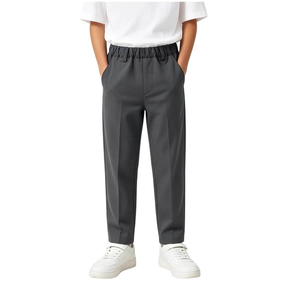 Ohufall Toddlers Boys Pants Cotton Straight Leg Elastic Waist Pants Pocket School Uniform Pants for Kids 5-15Y