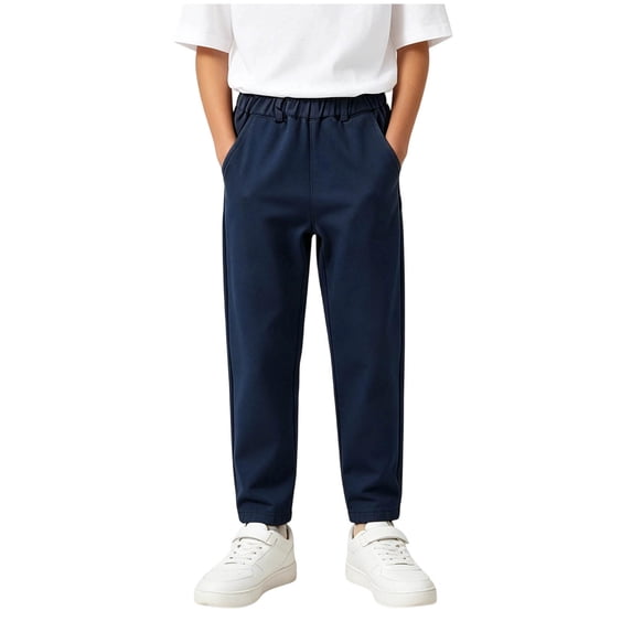 Ohufall Toddlers Boys Pants Cotton Straight Leg Elastic Waist Pants Pocket School Uniform Pants for Kids 5-15Y