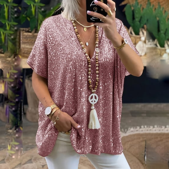 Ohufall Tops Women Sexy Short Sleeve Sequins Loose Polluer Solid V-Neck Blouse Shirt Tops XXL